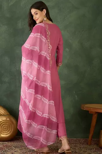 pink rayon embroidered kurta set with organza dupatta