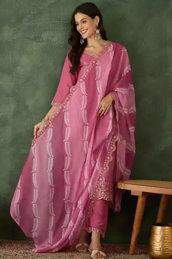 pink rayon embroidered kurta set with organza dupatta