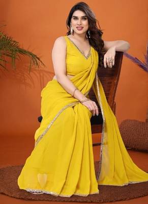 lemon saree look rich georgette  silk blend with beautiful tone 5
