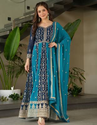 Rama Blue Georgette Zari Embroidered Gown With Dupatta 1