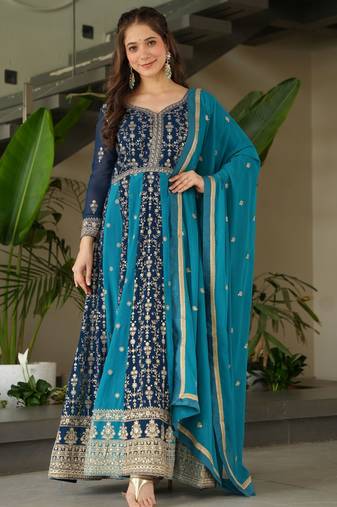 Rama Blue Georgette Zari Embroidered Gown With Dupatta