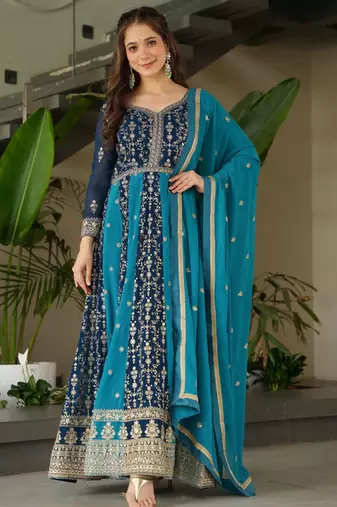 Rama Blue Georgette Zari Embroidered Gown With Dupatta