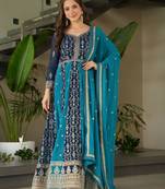 Rama Blue Georgette Zari Embroidered Gown With Dupatta