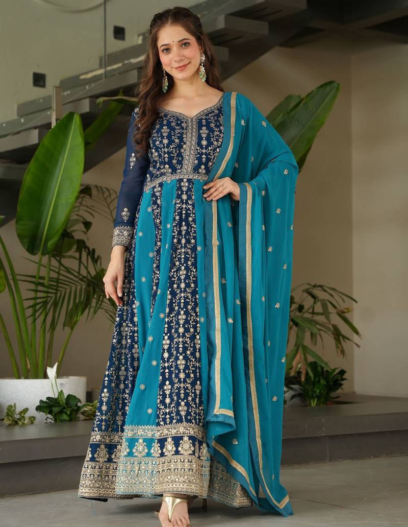 Rama Blue Georgette Zari Embroidered Gown With Dupatta