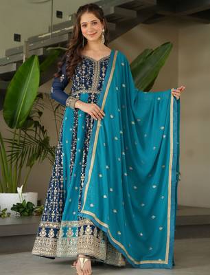 Rama Blue Georgette Zari Embroidered Gown With Dupatta 2