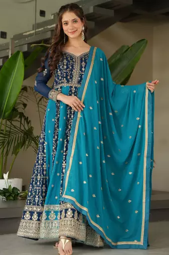 Rama Blue Georgette Zari Embroidered Gown With Dupatta