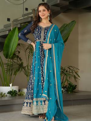 Rama Blue Georgette Zari Embroidered Gown With Dupatta 3