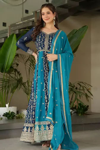 Rama Blue Georgette Zari Embroidered Gown With Dupatta