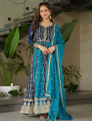 Rama Blue Georgette Zari Embroidered Gown With Dupatta 4