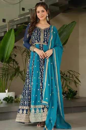 Rama Blue Georgette Zari Embroidered Gown With Dupatta