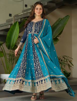 Rama Blue Georgette Zari Embroidered Gown With Dupatta 5