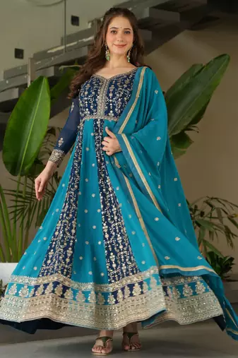 Rama Blue Georgette Zari Embroidered Gown With Dupatta