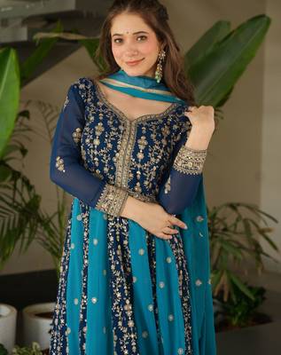 Rama Blue Georgette Zari Embroidered Gown With Dupatta 6