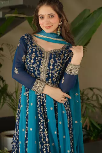 Rama Blue Georgette Zari Embroidered Gown With Dupatta