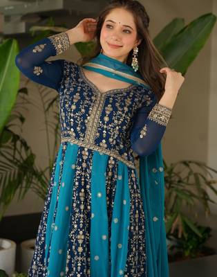 Rama Blue Georgette Zari Embroidered Gown With Dupatta 7