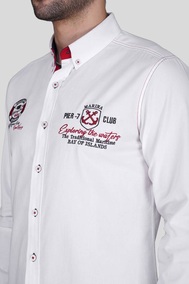 Pier seven men white solid casual cotton shirt with embroidered detailing – regular fit, full sleeve