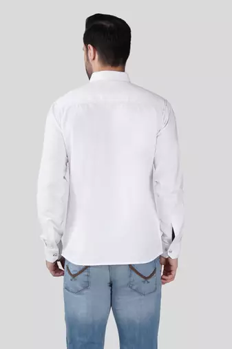 Pier seven men white solid casual cotton shirt with embroidered detailing – regular fit, full sleeve