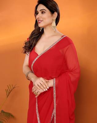 red saree look rich georgette  silk blend with beautiful tone 5