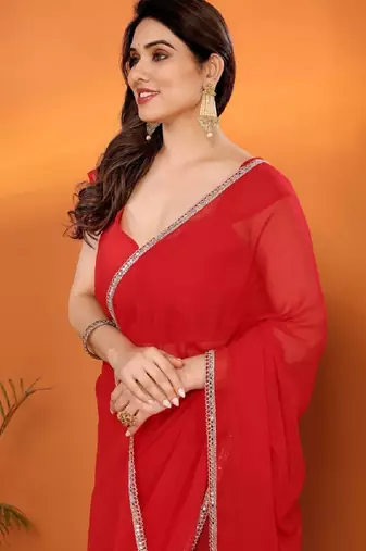 red saree look rich georgette  silk blend with beautiful tone