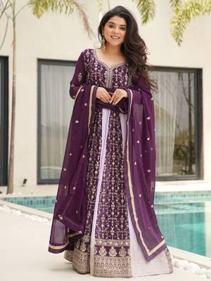  Wine Embroidered Function Wear Gown With Dupatta 1