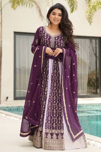  Wine Embroidered Function Wear Gown With Dupatta