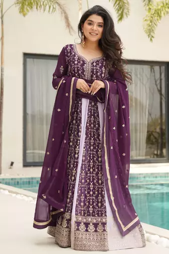  Wine Embroidered Function Wear Gown With Dupatta