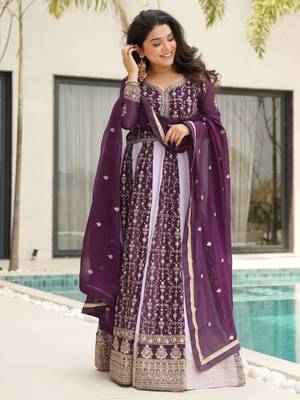  Wine Embroidered Function Wear Gown With Dupatta 2