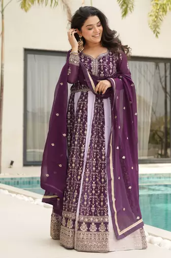  Wine Embroidered Function Wear Gown With Dupatta