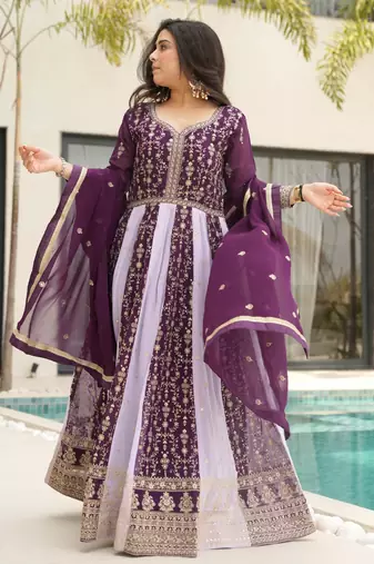 Wine Embroidered Function Wear Gown With Dupatta