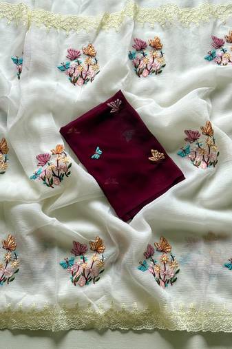 White Color Embroidered Crush Georgette Chiffon Saree