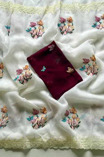 White Color Embroidered Crush Georgette Chiffon Saree