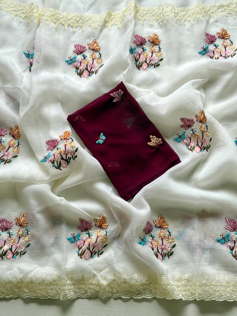 White Color Embroidered Crush Georgette Chiffon Saree