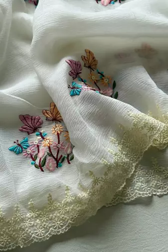 White Color Embroidered Crush Georgette Chiffon Saree