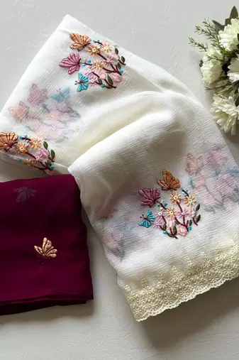 White Color Embroidered Crush Georgette Chiffon Saree