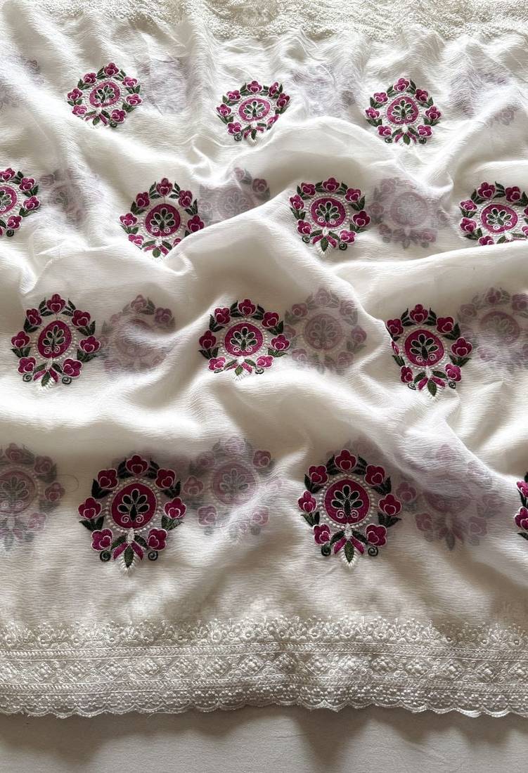 White Color Floral Embroidered Saree