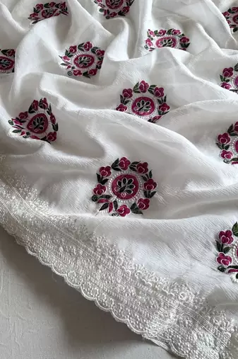 White Color Floral Embroidered Saree
