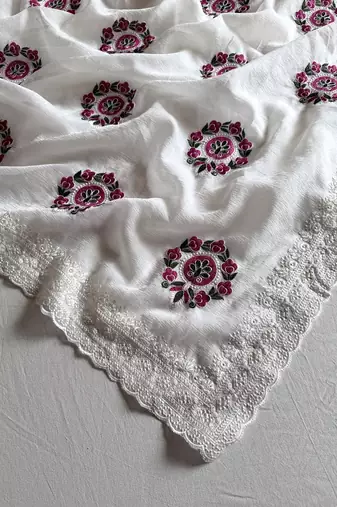 White Color Floral Embroidered Saree