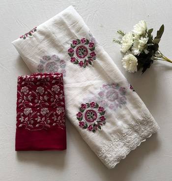 White Color Floral Embroidered Saree 5