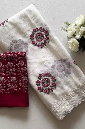 White Color Floral Embroidered Saree