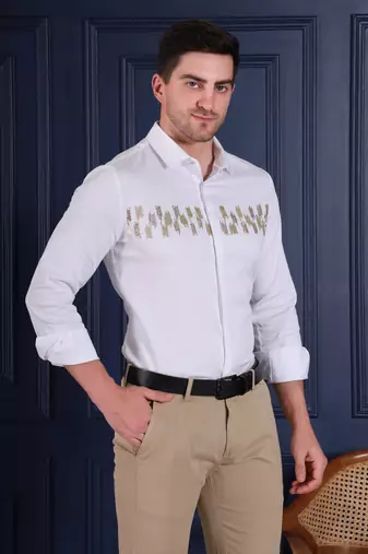 Pier seven men's white designer party wear cotton blend shirt with gold abstract hand embroidery