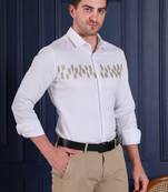 Pier seven men's white designer party wear cotton blend shirt with gold abstract hand embroidery