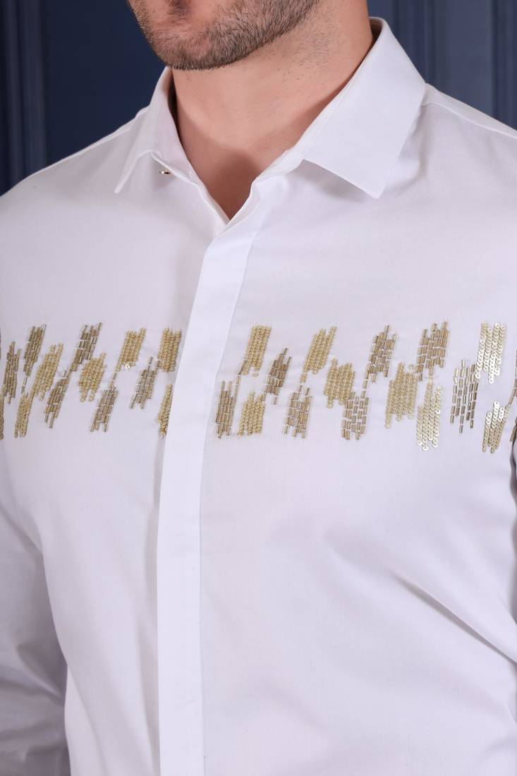 Pier seven men's white designer party wear cotton blend shirt with gold abstract hand embroidery