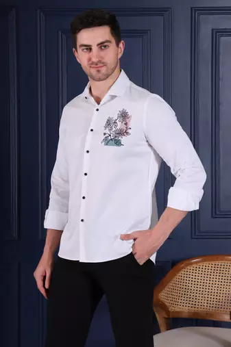 Pier seven men's premium white slim-fit cotton blend shirt with elegant floral chest embroidery