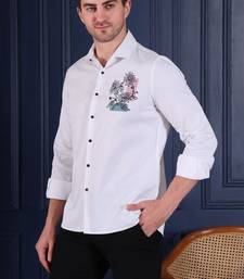 Pier seven men's premium white slim-fit cotton blend shirt with elegant floral chest embroidery