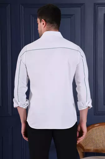 Pier seven men's premium white slim-fit cotton blend shirt with elegant floral chest embroidery