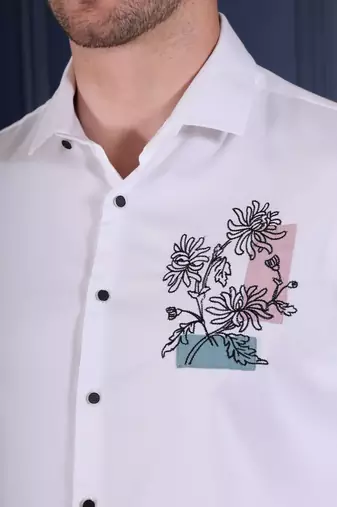Pier seven men's premium white slim-fit cotton blend shirt with elegant floral chest embroidery