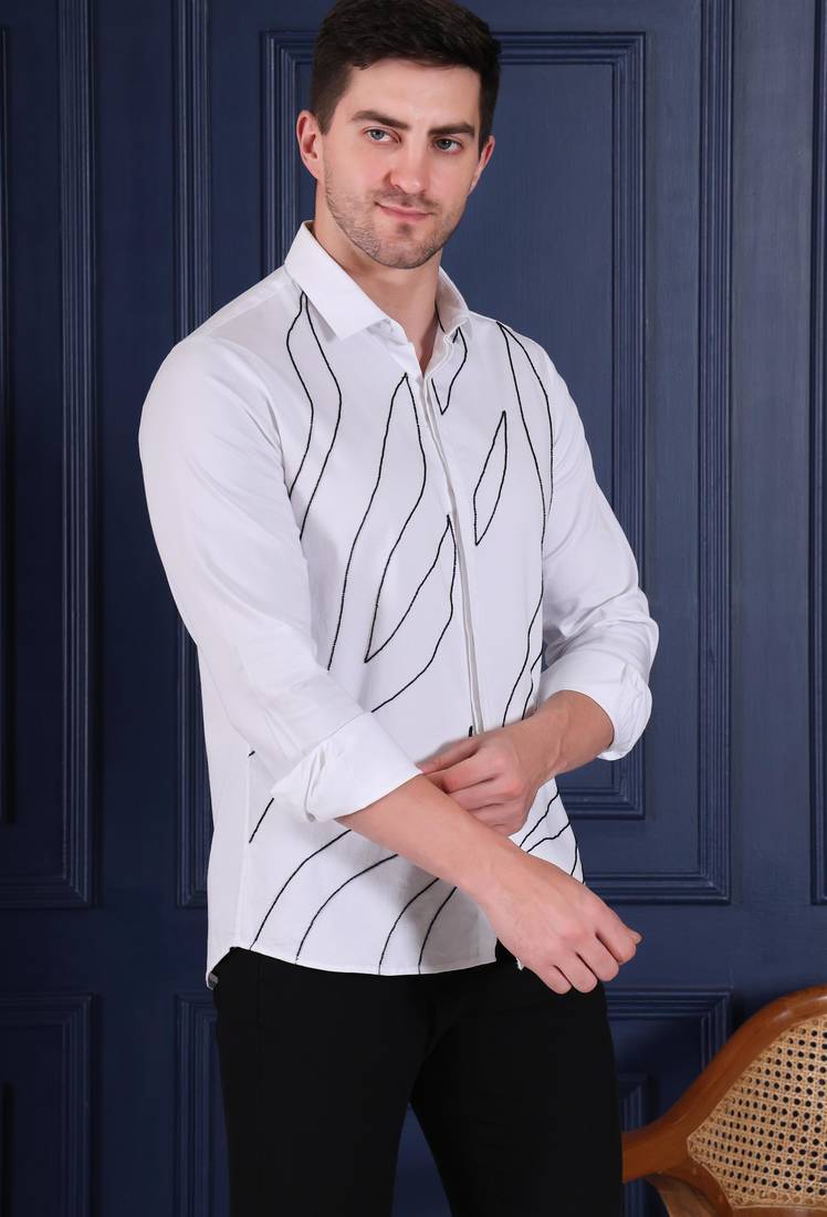 Pier seven men’s white cotton blend hand embroidered slim fit  shirt