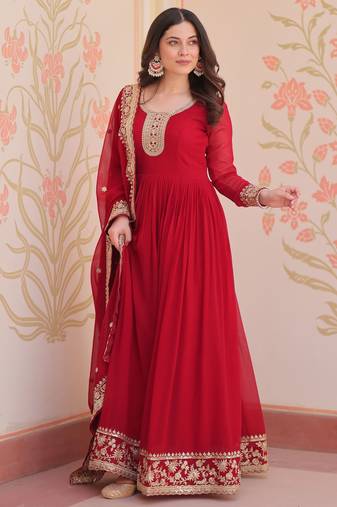  Maroon Georgette Zari Embroidered Gown With Dupatta