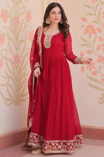  Maroon Georgette Zari Embroidered Gown With Dupatta