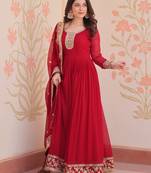  Maroon Georgette Zari Embroidered Gown With Dupatta